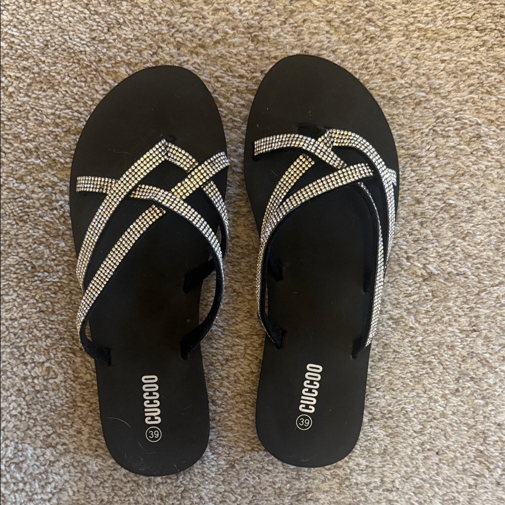 Women's Black Sandals with Rhinestone Straps